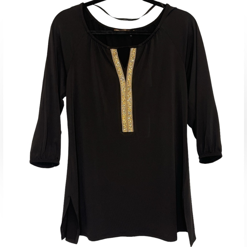 3/$20 Belldini Black blouse/mini dress with gold details